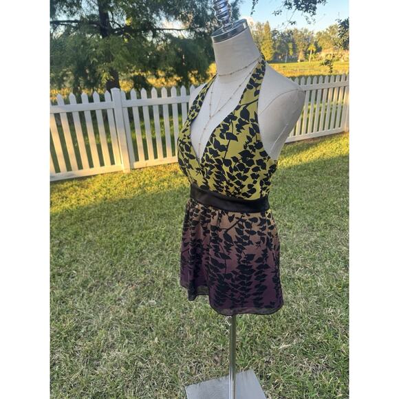 Express Y2K Silk Halter Top Lime Green Purple Ombré Tropical Leaf Blouse Sz 10 - Picture 4 of 16